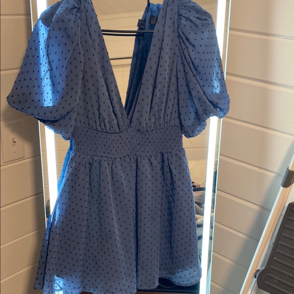 Elegant Blue Dress with Puff Sleeves